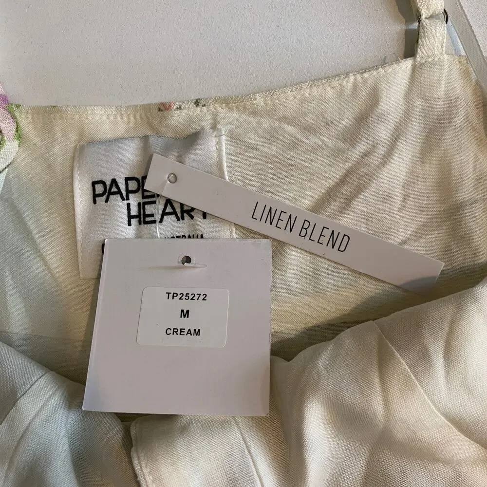 Paper Heart Top Womens M Medium Cream Linen Blend Sweetheart Neck Palm Tree